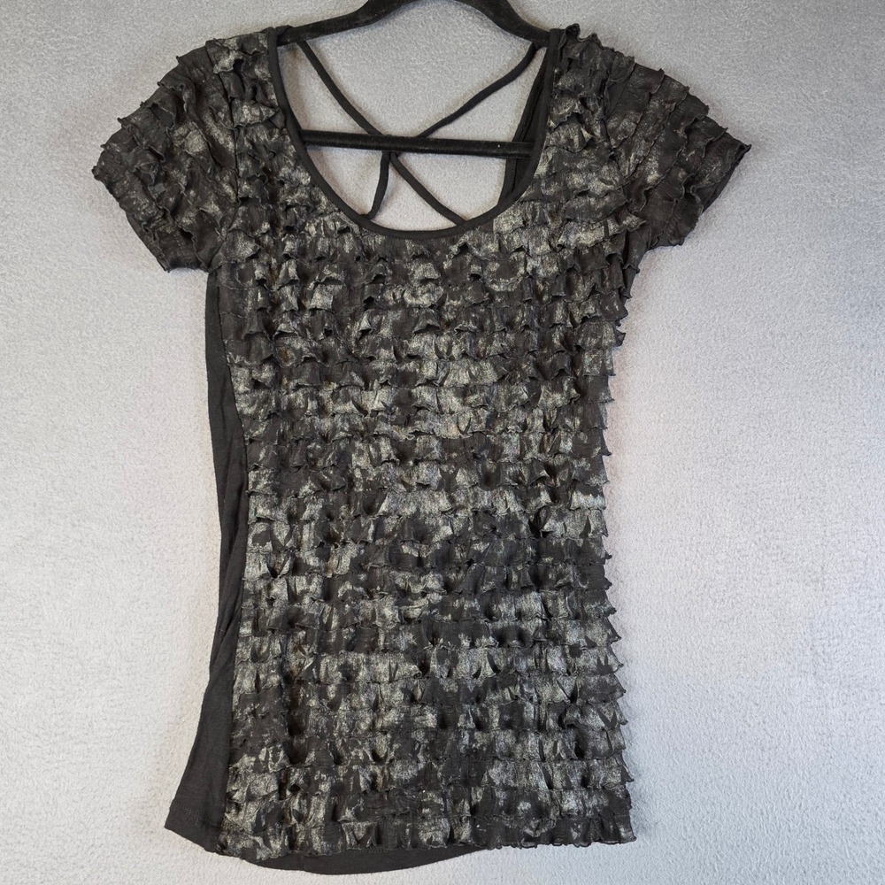 Studio Y Ruffle Short Sleeve Top Women Small Black Metallic Strappy Back Y2K